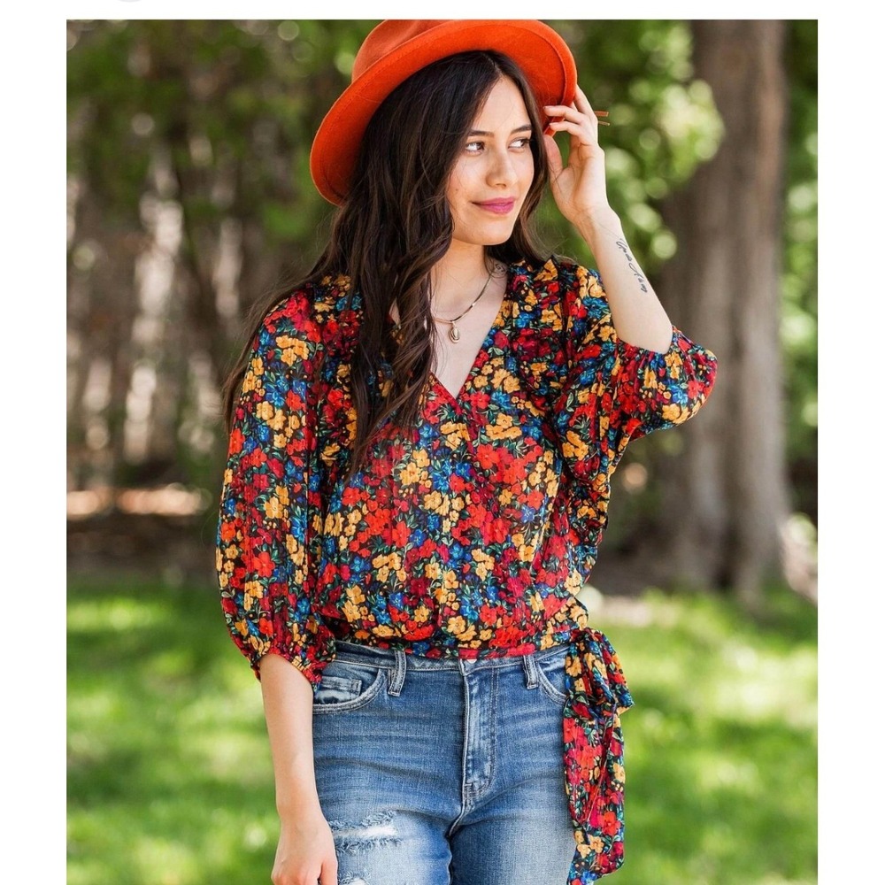 Willow + Root Floral Wrap Top Red Yellow  Ruffle Puff‎ Sleeve Side Tie Small NWT